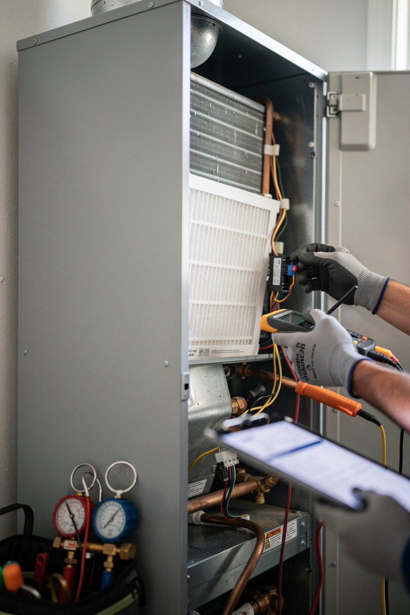 PRIDE HVAC LLC professional technician performing AC maintenance and system inspection in Foley