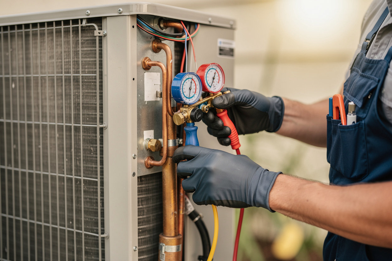 PRIDE HVAC LLC professional AC repair technician diagnosing and servicing air conditioning equipment